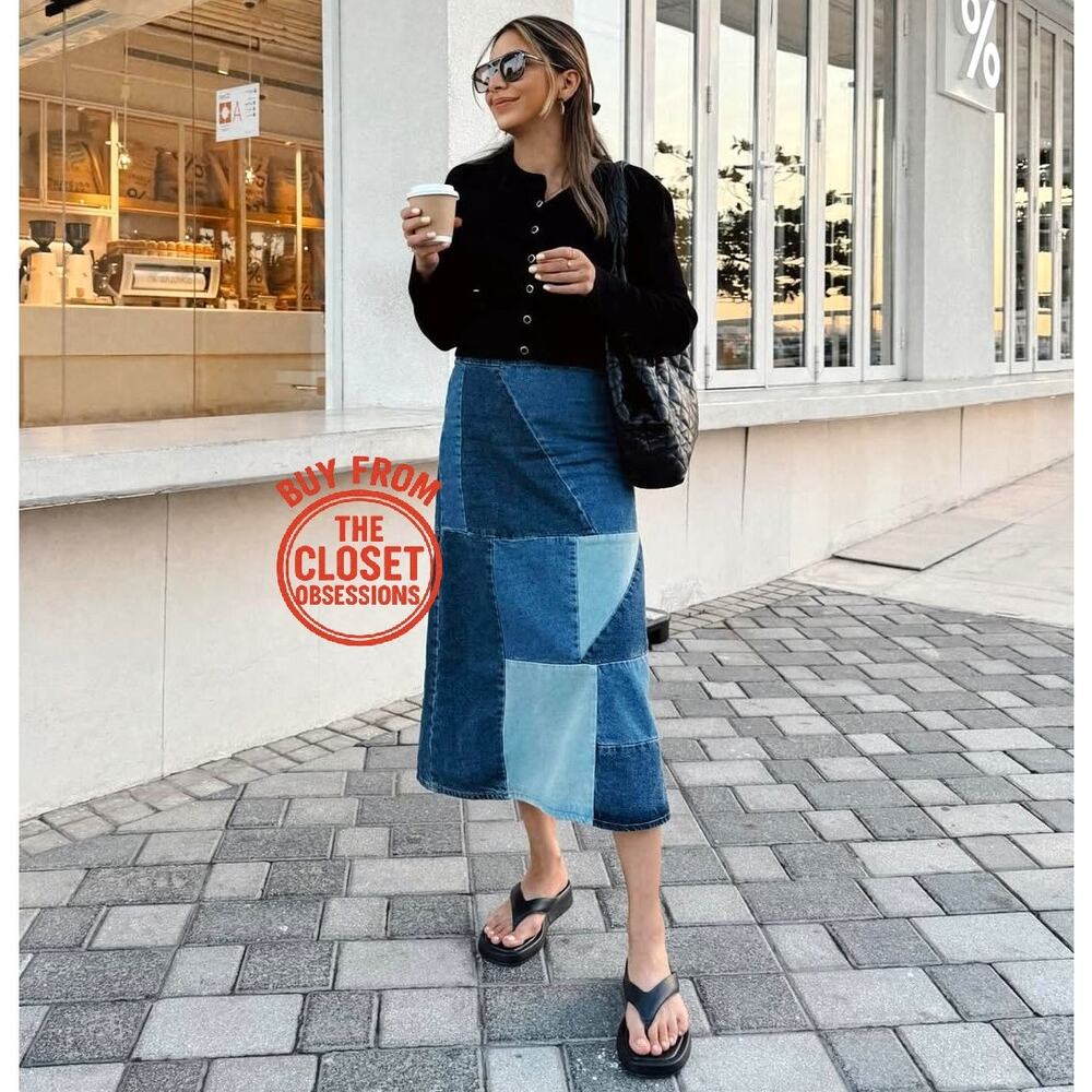 MANGO Patchwork Denim Midi Skirt NWT | Blue Cotton A-Line - Picture 6 of 16